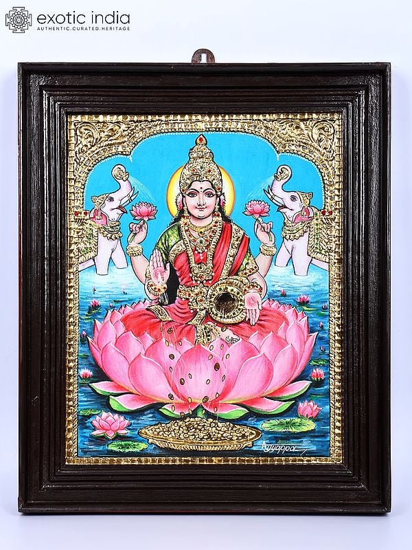 Goddess Gajalakshmi Showering Wealth | 24 Karat Gold Work | Framed Tanjore Painting