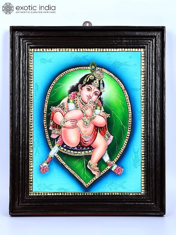 Bal Gopal on Pipal Leaf | 24 Karat Gold Work | Framed Tanjore Painting