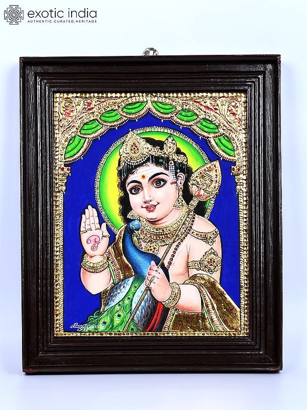 Blessing Lord Karttikeya | 24 Karat Gold Work | Framed Tanjore Painting