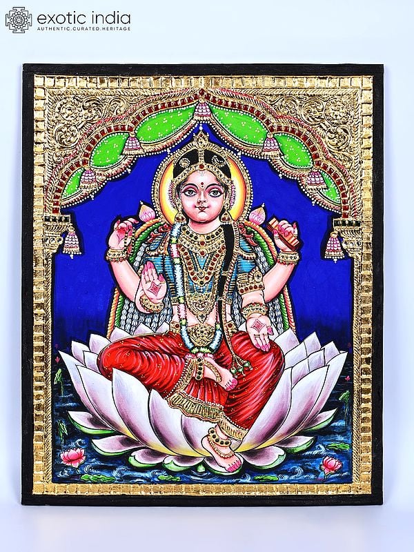 Blessing Goddess Lakshmi on Lotus | 24 Karat Gold Work | Tanjore Painting