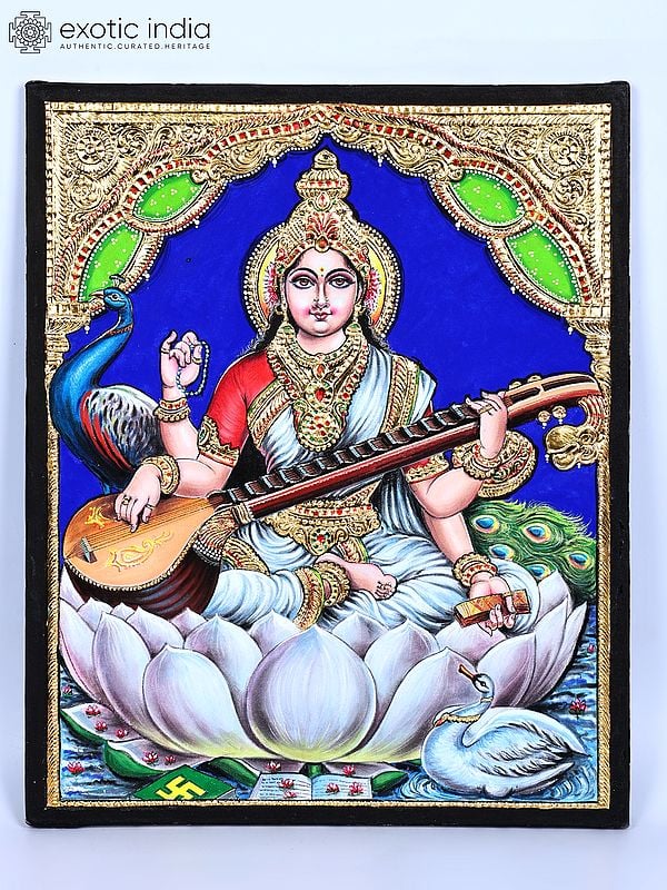 Devi Saraswati Seated on Shwet Kamal | 24 Karat Gold Work | Tanjore Painting