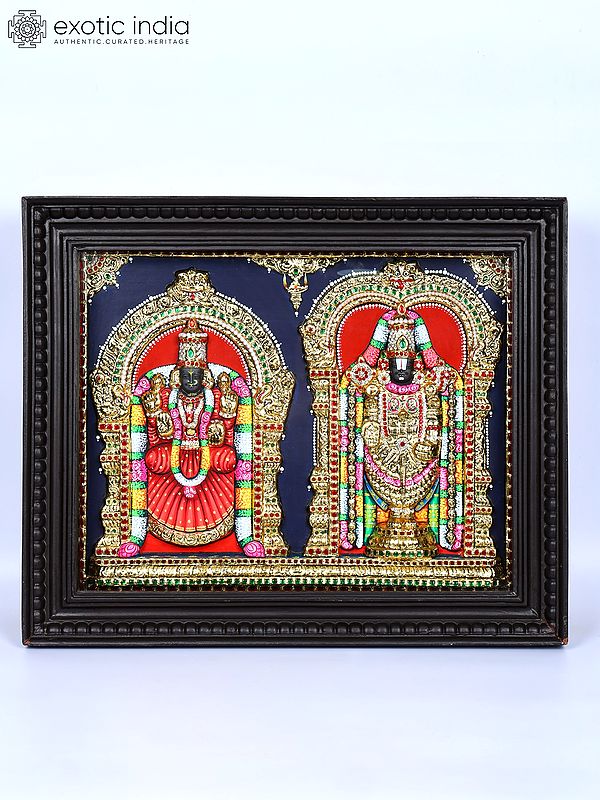 Lord Venkateshvara (Tirupati Balaji) Goddess Devi Padmavathi | 24 Karat Gold Work | Framed Tanjore Painting