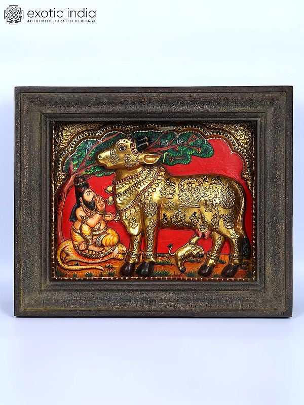 Vashista Muni Worshipping Goddess Kamadhenu | Embossed 24 Karat Gold Work | Vintage Framed Tanjore Painting