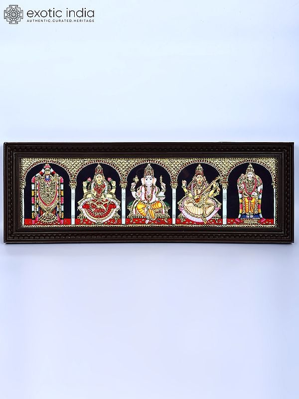 Five Hindu Gods and Goddesses : Tirupati Balaji (Venkateshvara), Lakshmi, Ganesha, Saraswati, and Karttikeya | 24 Karat Gold Work | Framed Tanjore Painting