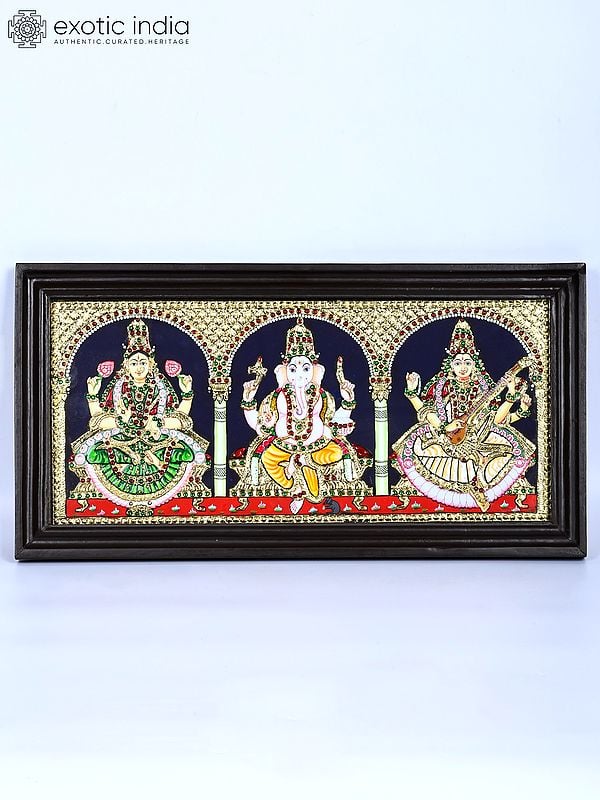 Lakshmi Ganesha Saraswati | 24 Karat Gold Work | Framed Tanjore Painting