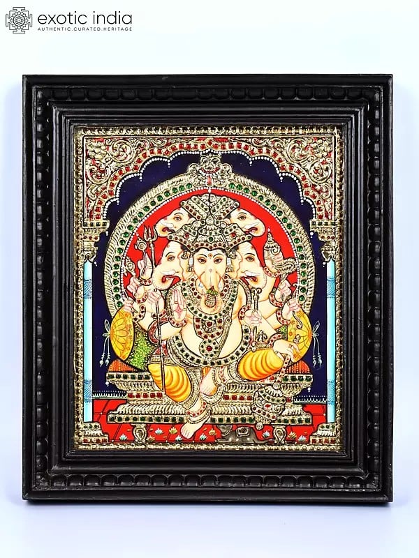 Five Headed Ten Armed Lord Ganesha Seated on Kirtimukha Throne | 24 Karat Gold Work | Framed Tanjore Painting