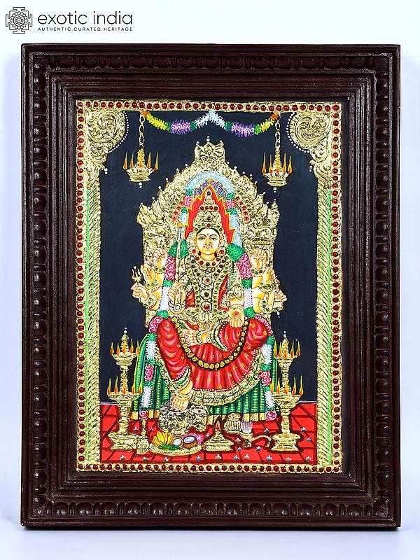 Goddess Mariamman Seated on Kritimukha Throne | 24 Karat Gold Work | Framed Tanjore Painting