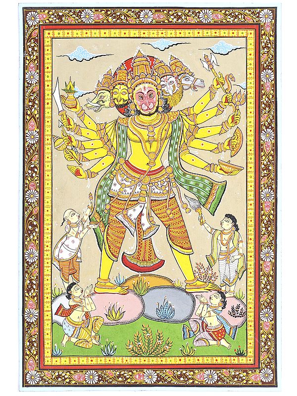 Ten Armed Panchamukhi Lord Hanuman | Pattachitra Painting