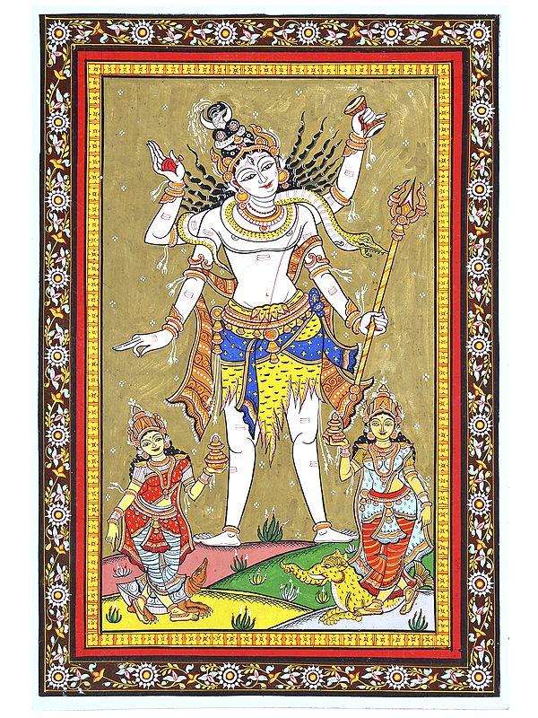 Standing Lord Shiva with Devi Ganga and Yamuna | Pattachitra Painting