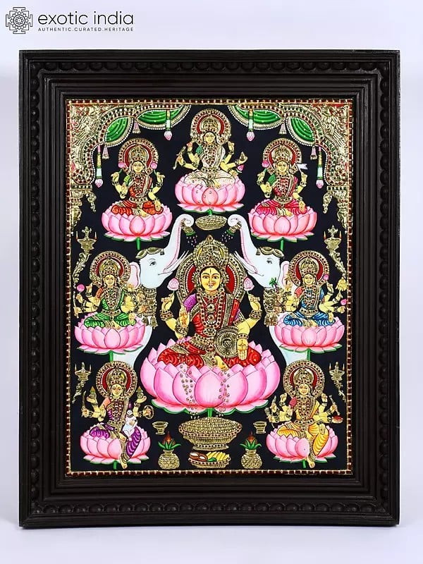 Ashtalakshmi - Eight Forms of Goddess Lakshmi | 24 Karat Gold Work | Framed Tanjore Painting