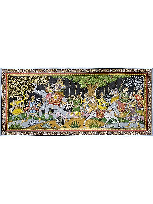 Grand Royal Procession | Watercolor On Handmade Canvas | Pattachitra Painting