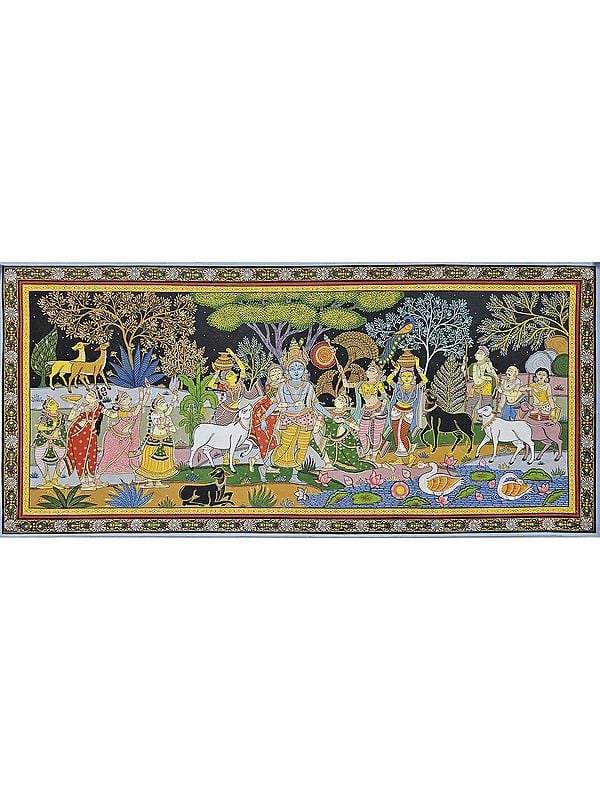 Krishna Rasleela With Radha And Gopis | Watercolor On Handmade Canvas