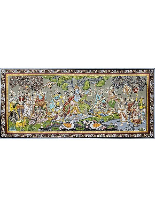 Pattachitra Painting- Radha Krishna With Gopis | Watercolor On Handmade Canvas