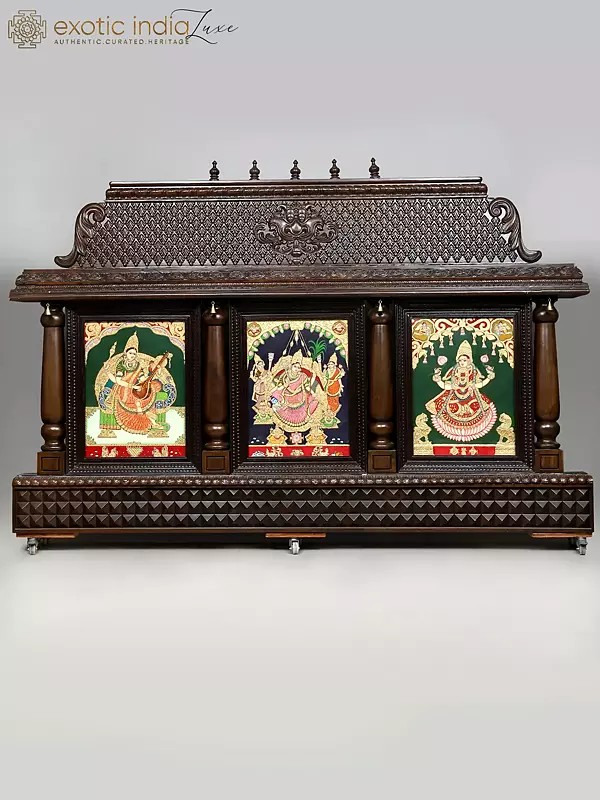 96" Large Goddess Saraswati, Rajarajeshwari and Lakshmi | Tanjore Temple Frame