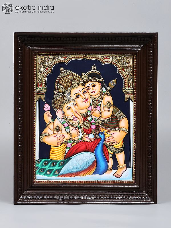 Devi Maa Parvati with Son Ganesha and Karttikeya (Murugan) | 24 Karat Gold Work | Framed Tanjore Painting
