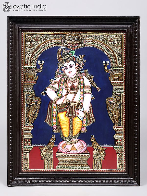 Standing Lord Krishna | 24 Karat Gold Work | Framed Tanjore Painting