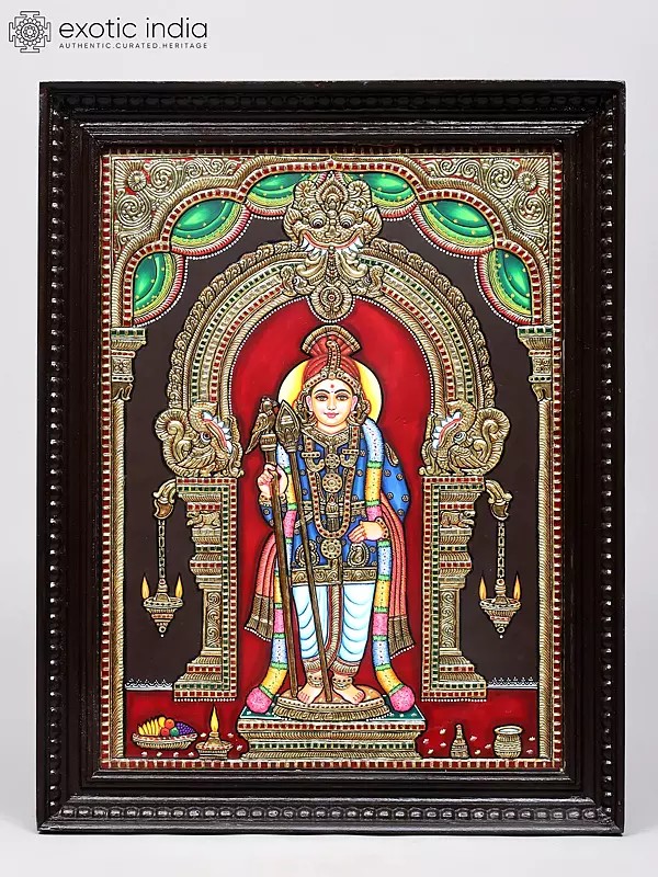 Standing Lord Murugan (Karttikeya) | 24 Karat Gold Work | Framed Tanjore Painting