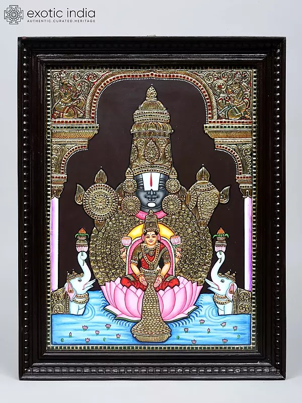 Tirupati Balaji (Venkateshvara) with Gajalakshmi | 24 Karat Gold Work | Framed Tanjore Painting