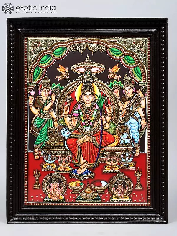 Supreme Goddess Tripura Sundari (Rajarajeshvari) | 24 Karat Gold Work | Framed Tanjore Painting