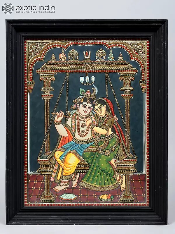 Radha Krishna on Swing | 24 Karat Gold Work | Framed Tanjore Painting