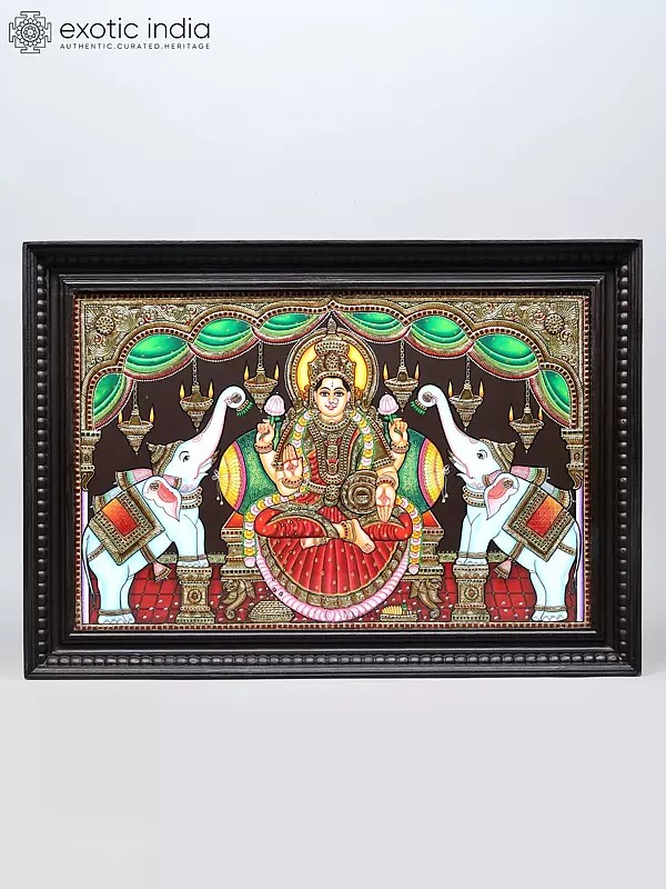 Blessing Goddess Gajalakshmi | 24 Karat Gold Work | Framed Tanjore Painting