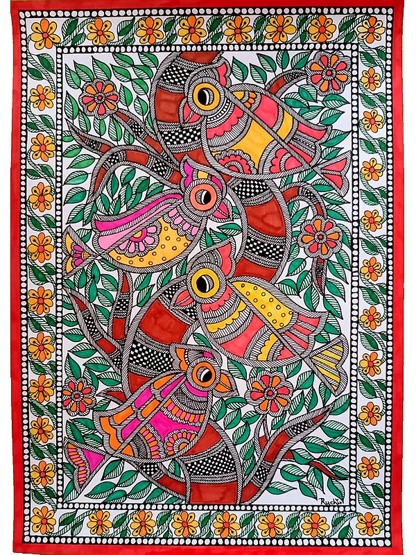 Colorful Birds - Madhubani Painting | Alcohol Markers and Fineliners on Paper | by Ruchi