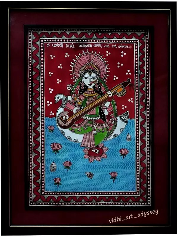 Goddess Saraswati Painting | Acrylic on Canvas | Mithila Art | by Vidhi Joshi