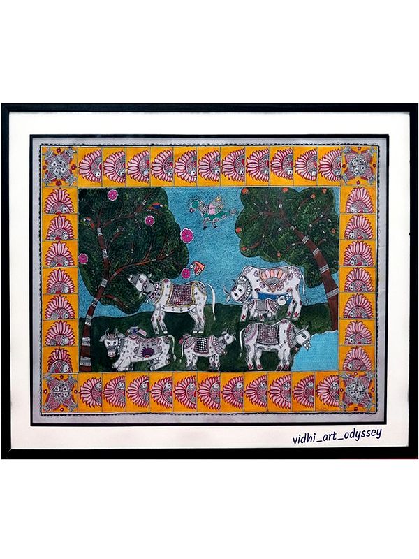 Group of Cow Painting | Acrylic on Canvas | Mithila Art | by Vidhi Joshi