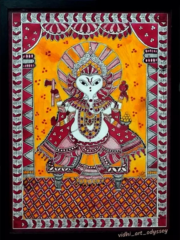 Chaturbhuj Lord Ganesha Painting | Acrylic on Canvas | Mithila Art | by Vidhi Joshi