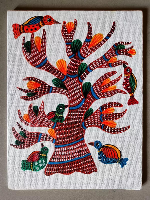 Birds on a Tree | Watercolour on canvas | by Krishna Joshi