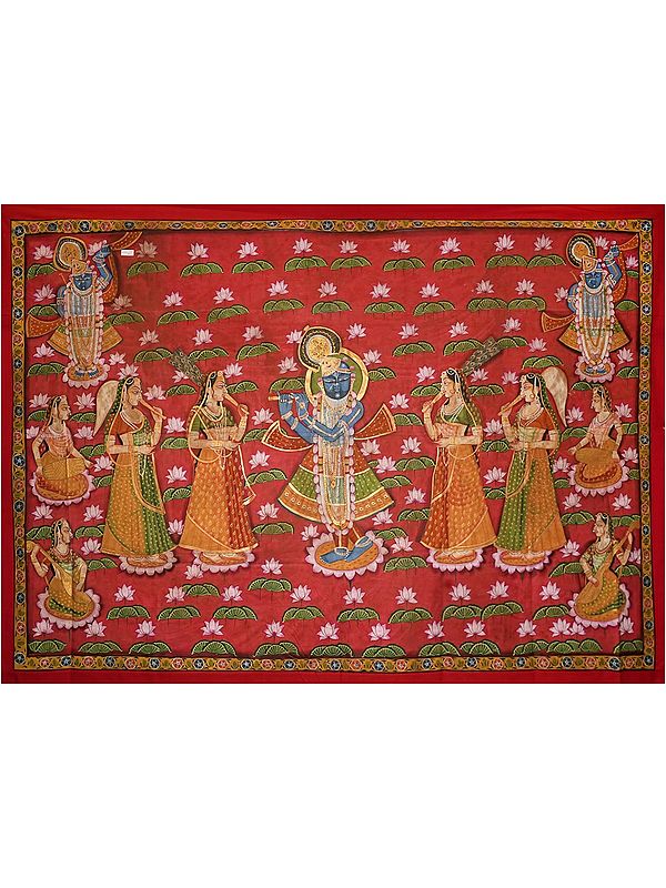 Lord Shrinathji Performing Raas Leela with the Gopis | Pichwai Painting on Cotton | by Narendra