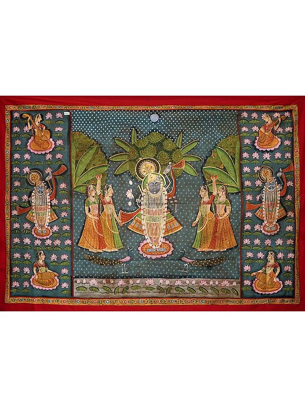 Lord Shrinathji with Gopis | Pichwai Painting on Cotton | by Narendra
