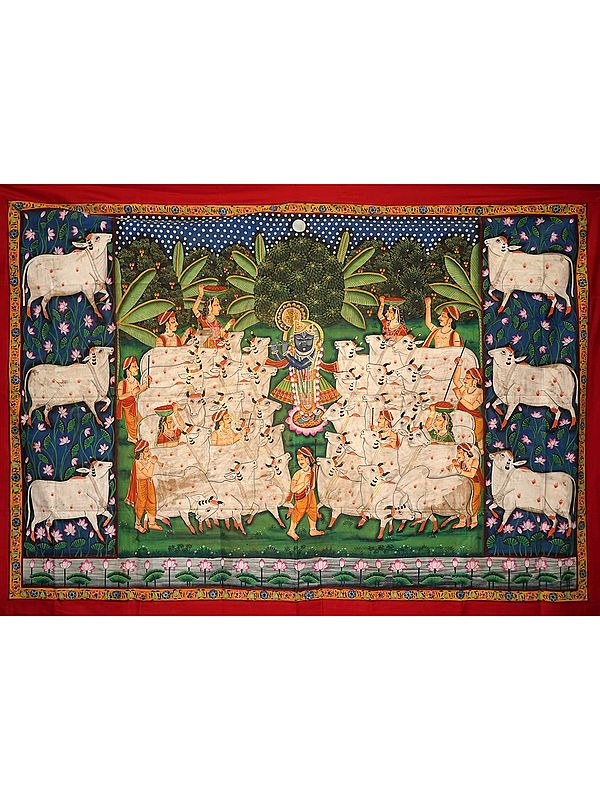 Lord Shrinathji with Cows | Pichwai Painting on Cotton | by Narendra