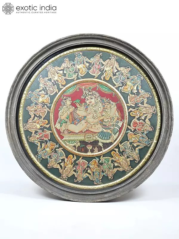 Shri Krishna Raas Lila | 24 Karat Gold Work | Vintage Framed Circular Tanjore Painting