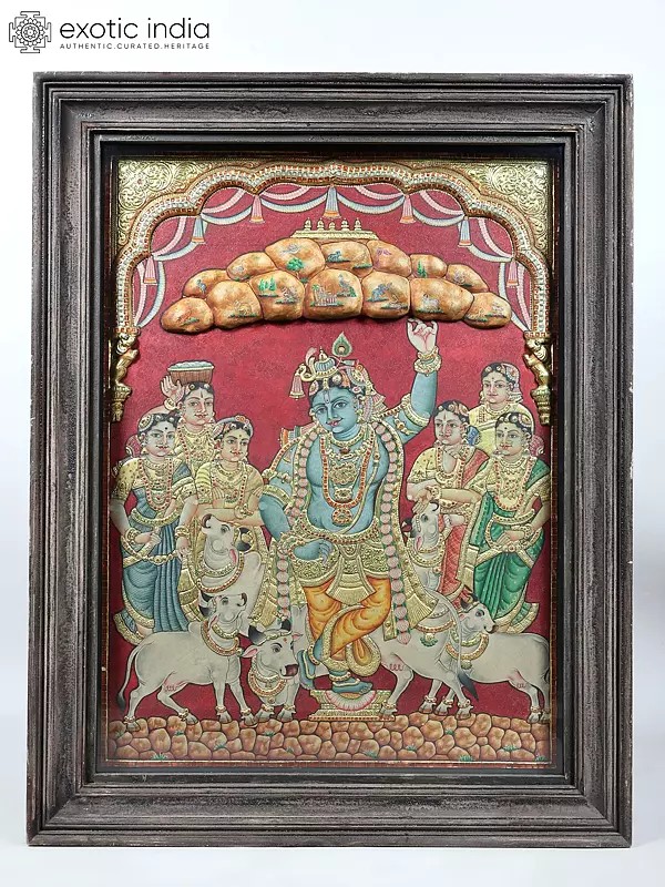 Lord Krishna Holding Govardhan Parvat on his Little Finger | 24 Karat Gold Work | Vintage Framed Tanjore Painting