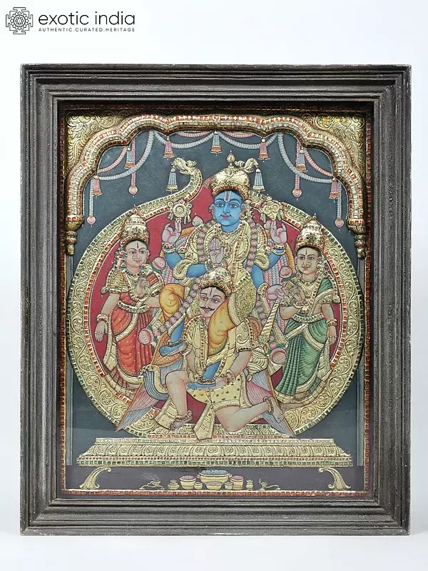 Shri Hari Vishnu Seated on Garuda with Sridevi and Bhudevi | 24 Karat Gold Work Embossed Tanjore Painting | With Vintage Frame