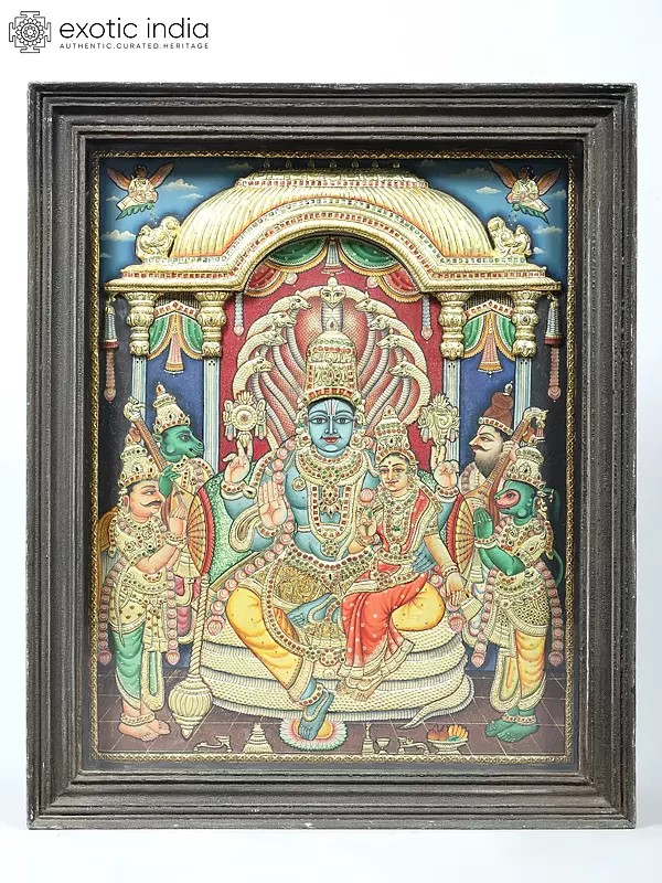Vishnu-Lakshmi Seated on Sheshnag with Garuda and Hanuman Standing Beside Them | Embossed Tanjore Painting with 24 Karat Gold Work | With Vintage Frame
