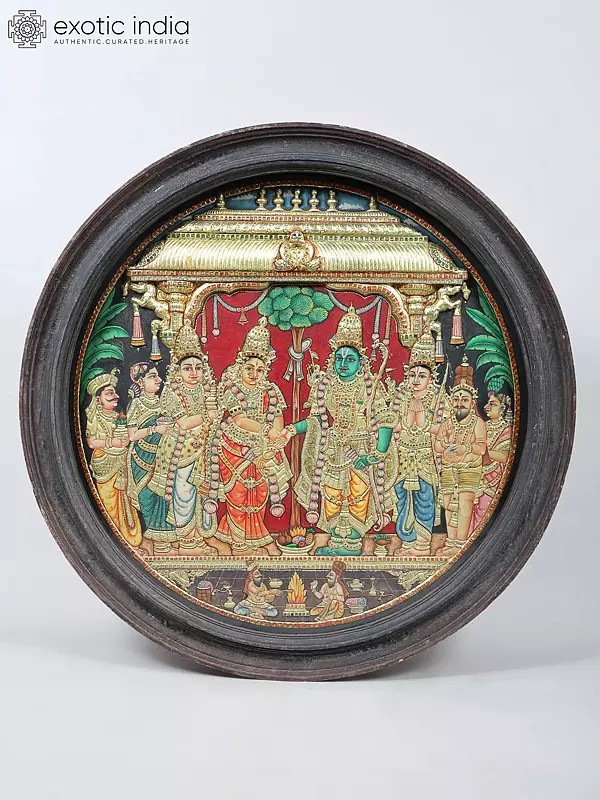 Goddess Sita Kalyanam (Ram-Sita Vivah) | Embossed Circular Tanjore Painting with 24 Karat Gold Work | With Vintage Frame