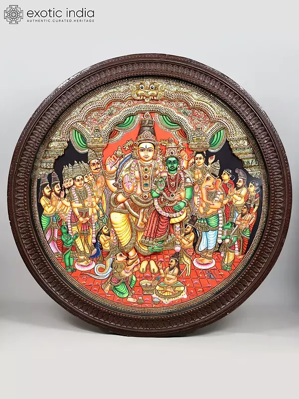 Large Shiva-Parvati Kalyanam (Divine Wedding Ceremony of Goddess Meenakshi and Lord Sundareswarar) | 24 Karat Gold Work | Circular Shaped Embossed Tanjore Painting