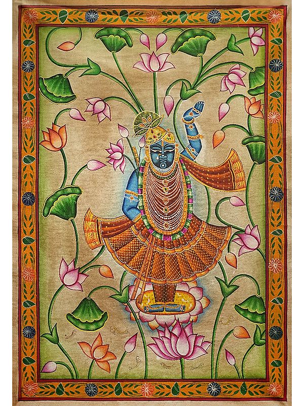 Lord Shrinathji Standing on a Lotus | Pichwai Painting on Cotton | by Narendra