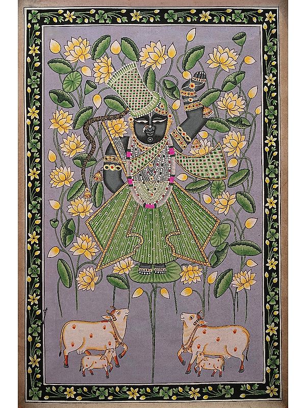 Lord Shrinathji Standing on a Leaf with Cows and Calves | Pichwai Painting on Cotton | by Narendra