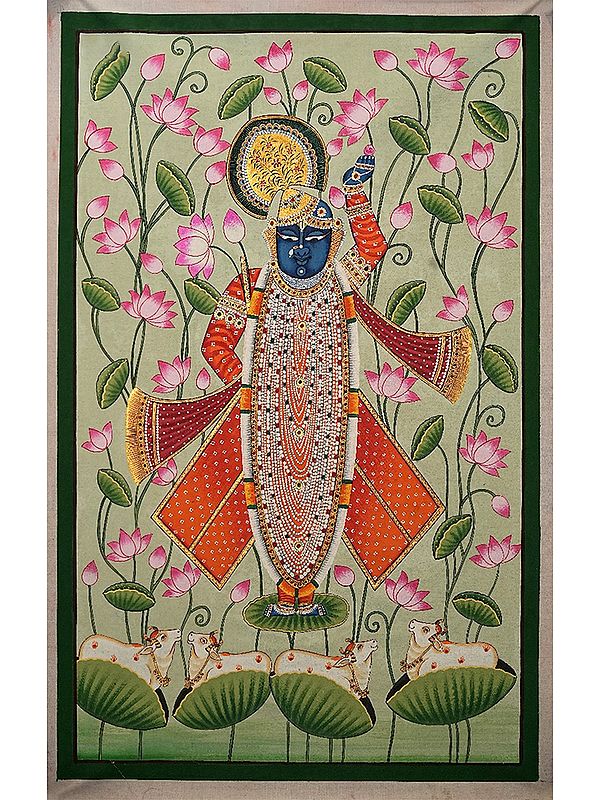 Lord Shrinathji with Cows | Pichwai Painting on Cotton | by Narendra