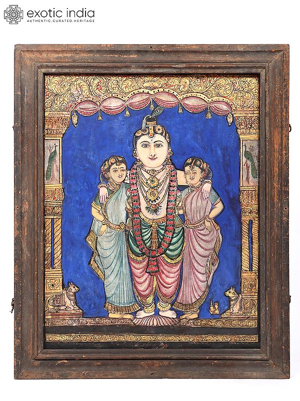 Standing Lord Krishna with Rukmini and Satyabhama | Vintage Tanjore Painting with 24 Karat Gold Work