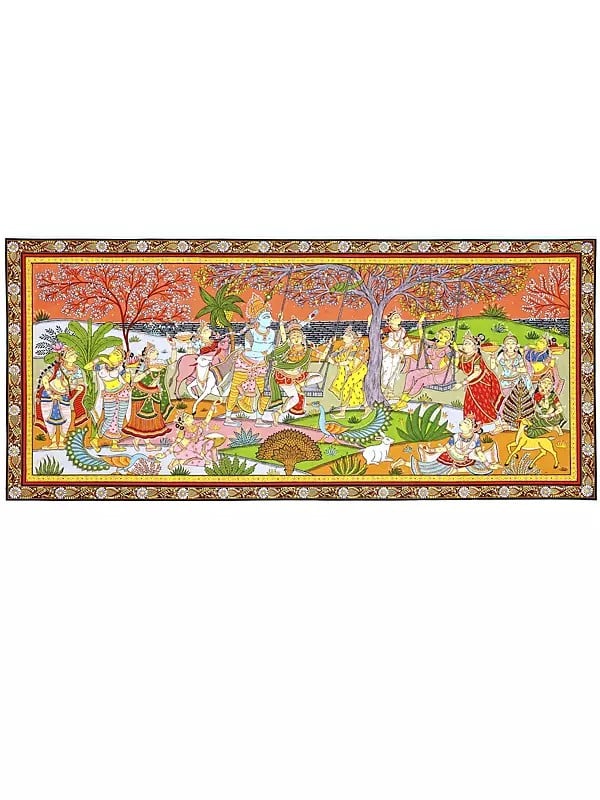 Lord Krishna with Gopikas - Celebration View of Vrindavan | Superfine Pattachitra Painting from Odisha