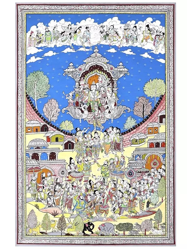 Lord Rama Returning to Ayodhya in Pushpak Viman - Celebration View | Superfine Pattachitra Painting from Odisha