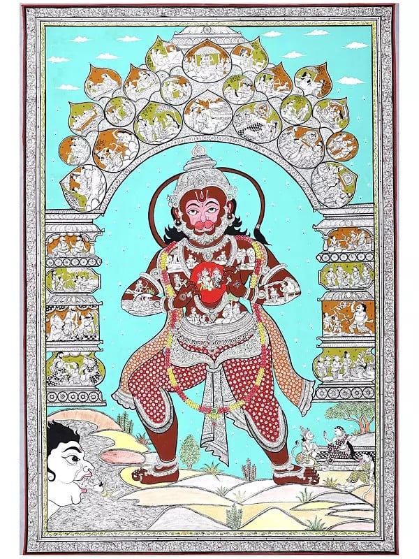 Standing Lord Hanuman with Episodes of Ramayana | Superfine Pattachitra Painting from Odisha