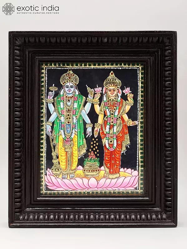 Chaturbhuj Vishnu with Lakshmi | Tanjore Painting with Frame | Traditional Colors with Gold Foil Work