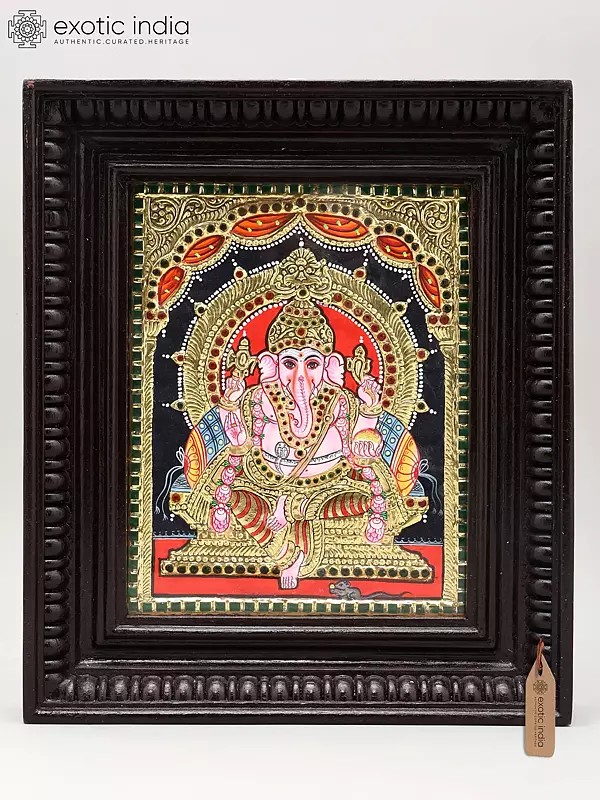 Lord Ganesha on Throne | Tanjore Painting with Frame | Traditional Colors with Gold Foil Work