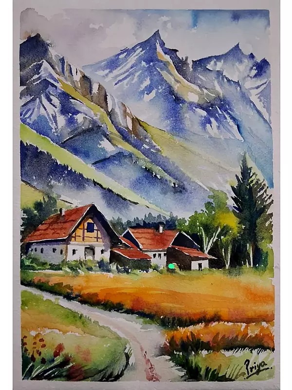 The Beauty of the Mountains Behind the Home | Water Colour on Paper | by Priya Ghosh