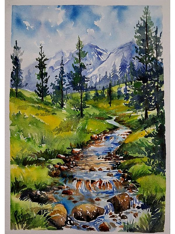 Waterfall from the Hill | Water Colour on Paper | by Priya Ghosh